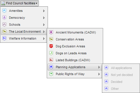 Screenshot of find council facilities menu